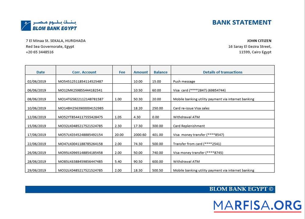Blank Egypt Blom Bank of Egypt bank statement word template